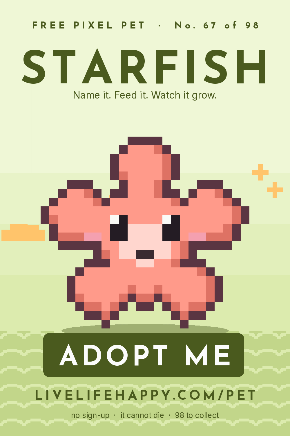 Animated pixel art trading card, number 67 of 98, Starfish, with the words adopt me