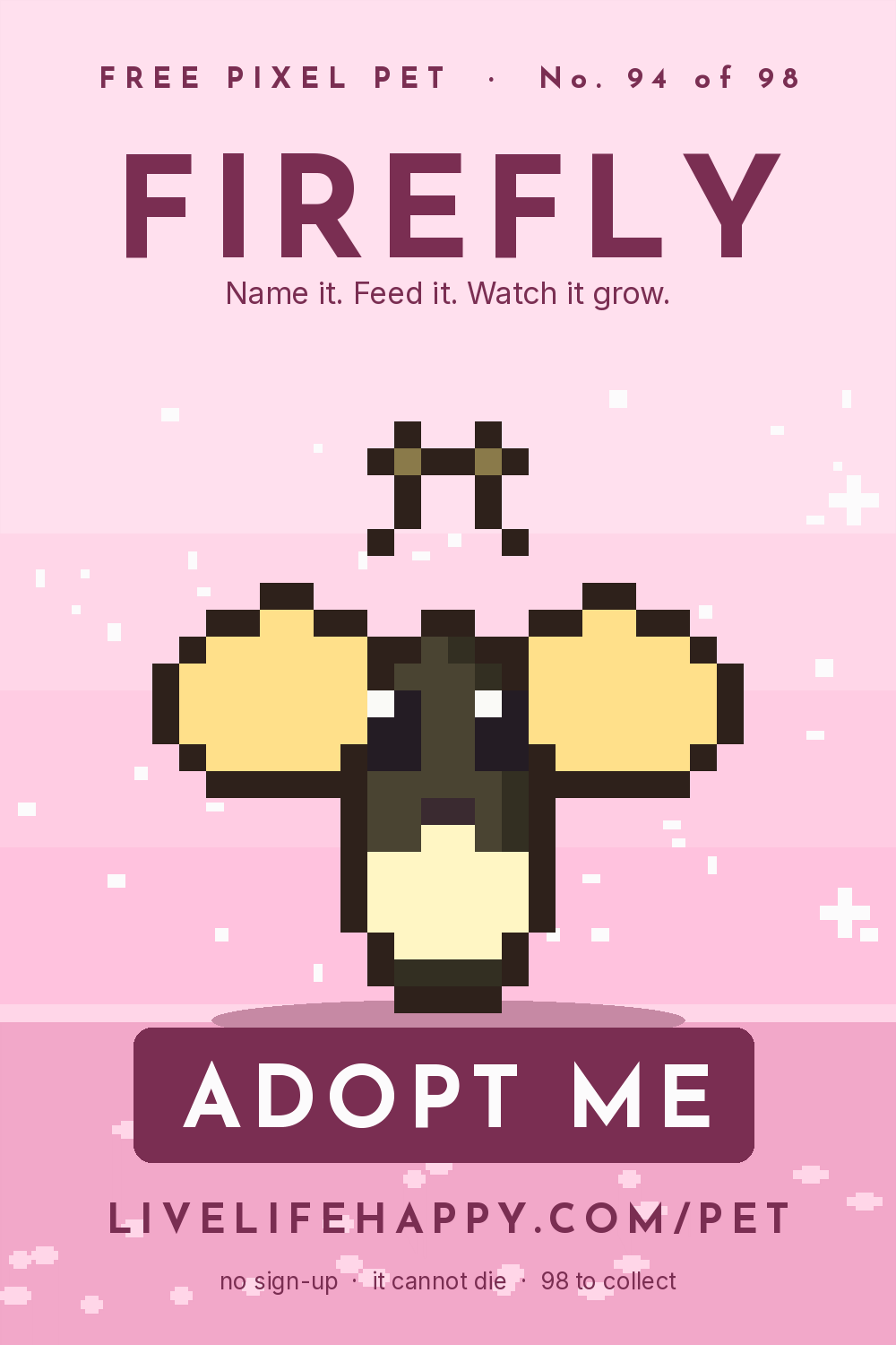 Animated pixel art trading card, number 94 of 98, Firefly, with the words adopt me